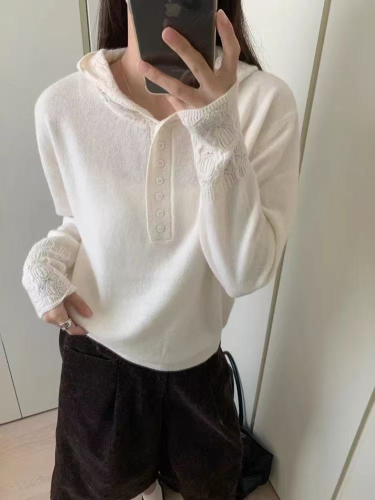 麦9660-3462 帽衫宽松毛衣镂空休闲纯色毛衣服连帽针织衫