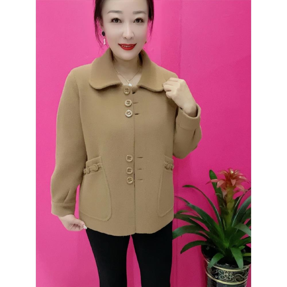 女秋冬简约仿毛呢外套短款加厚双面绒方领百搭开衫时尚妈妈外衣女