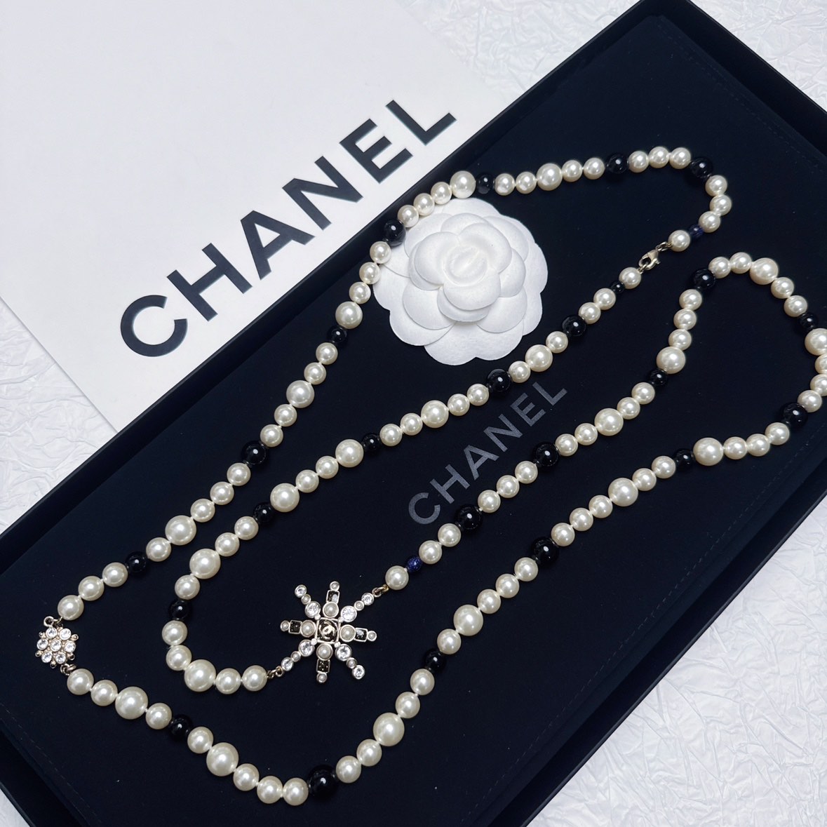 95新 Chanel/香奈儿 柚礼中古/香奈儿雪花黑白珍珠项链CG501176
