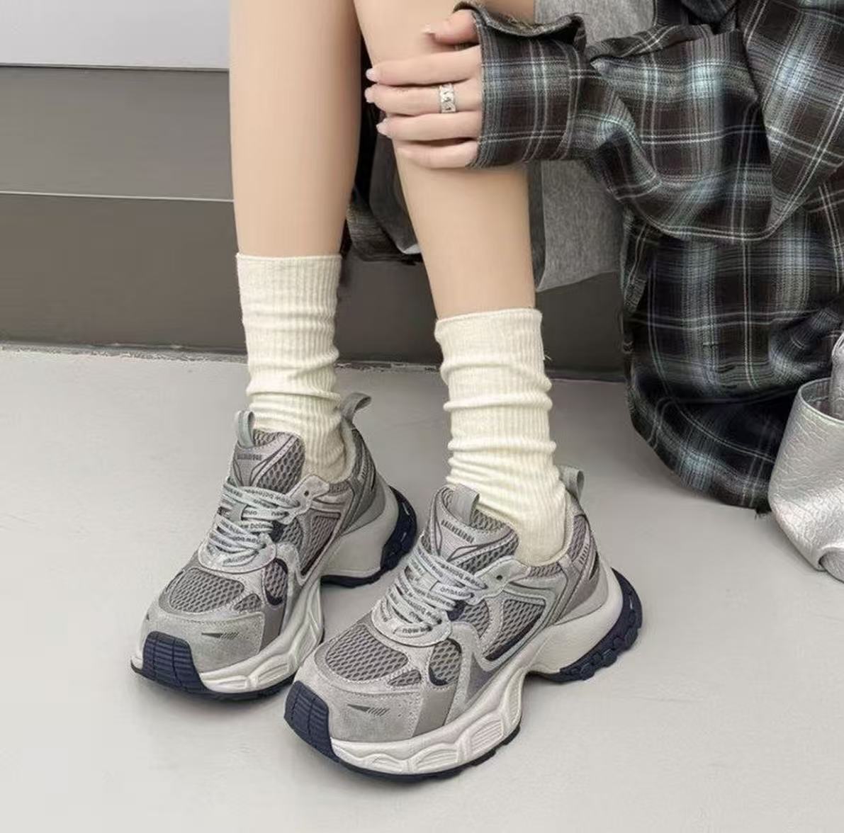 赵露丝同款厚底时尚老爹鞋女2025秋新款百搭休闲银灰色休闲运动鞋