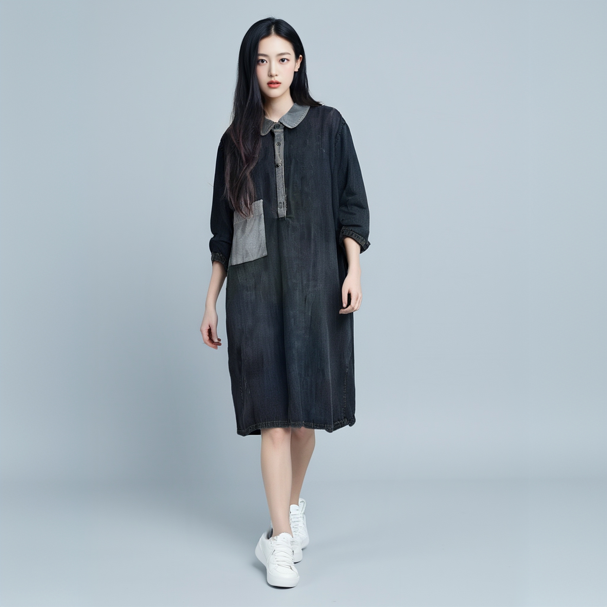 8113-怀旧水洗拼色中长复古牛仔裙（烟灰）