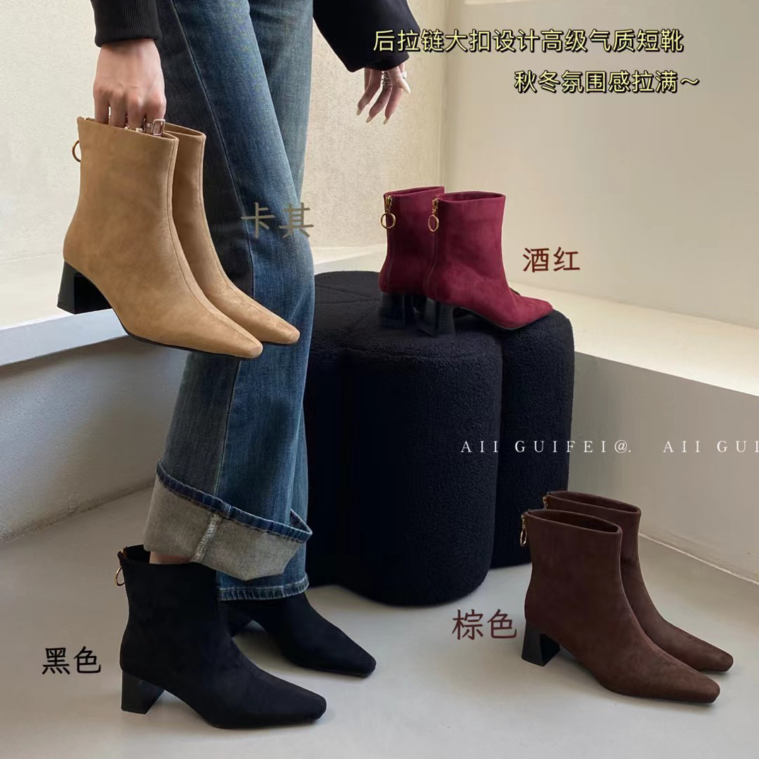 608-1秋冬新品粗跟高跟短靴2025绒面复古百搭瘦瘦靴气质女靴法式