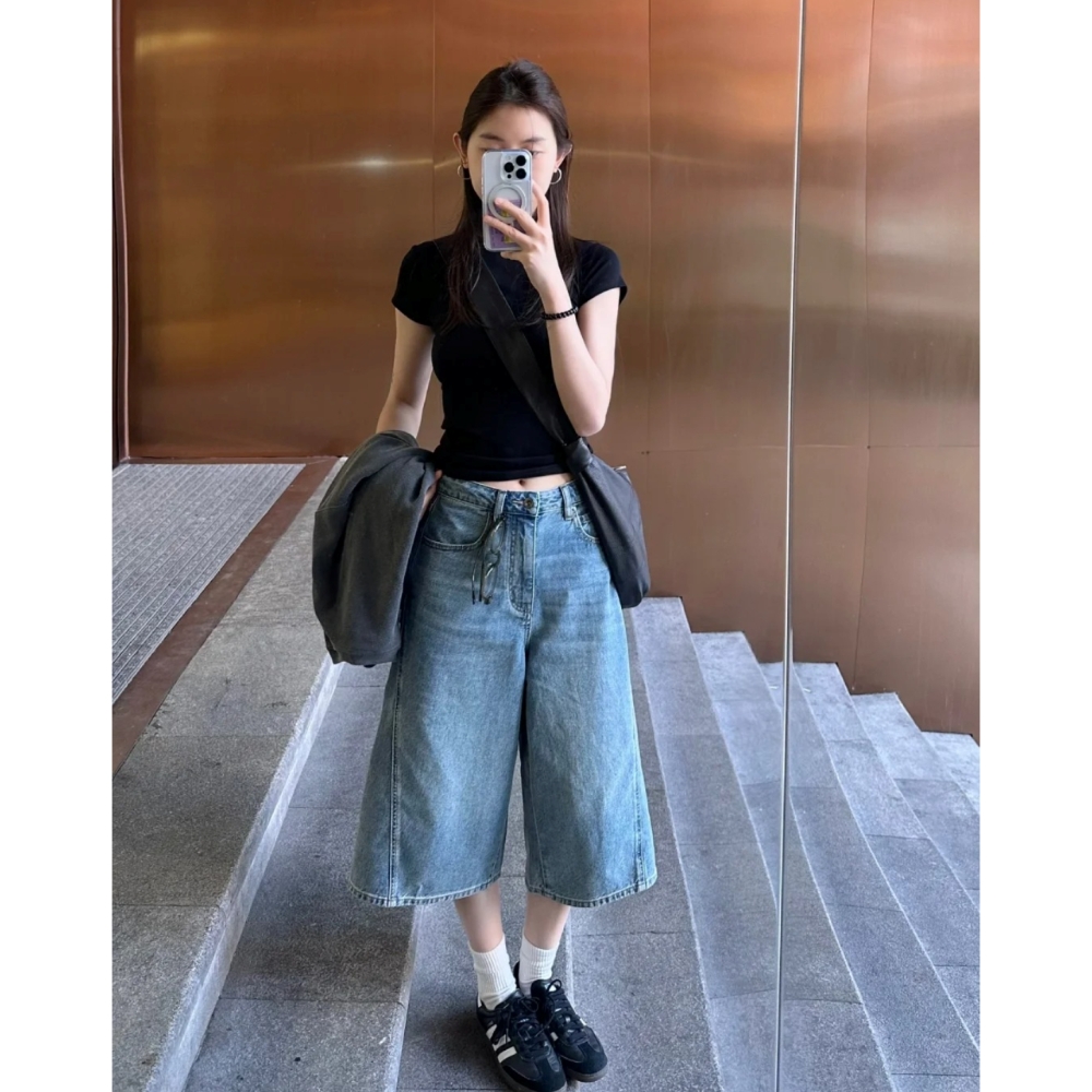 复古水洗蓝做旧简约慵懒感牛仔裤女2025夏季遮跨阔腿七分直筒裤子