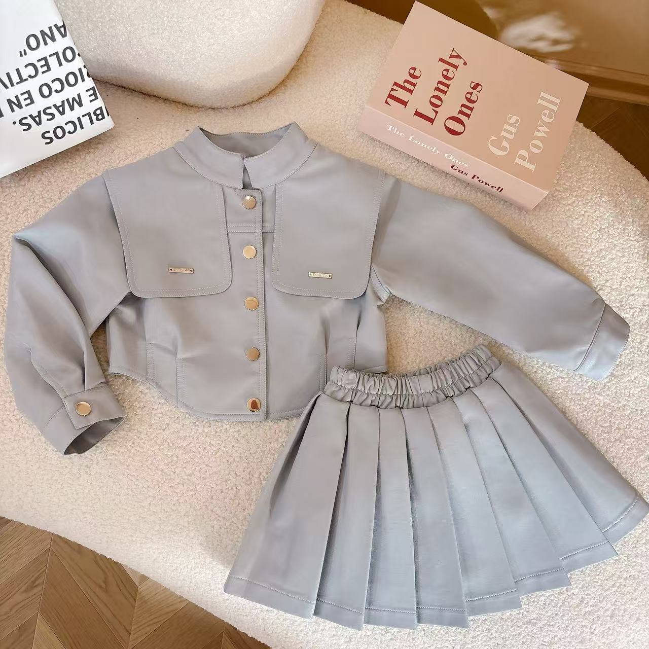 女童2025秋季小女孩韩版时髦机车服儿童皮衣外套百褶裙两件套