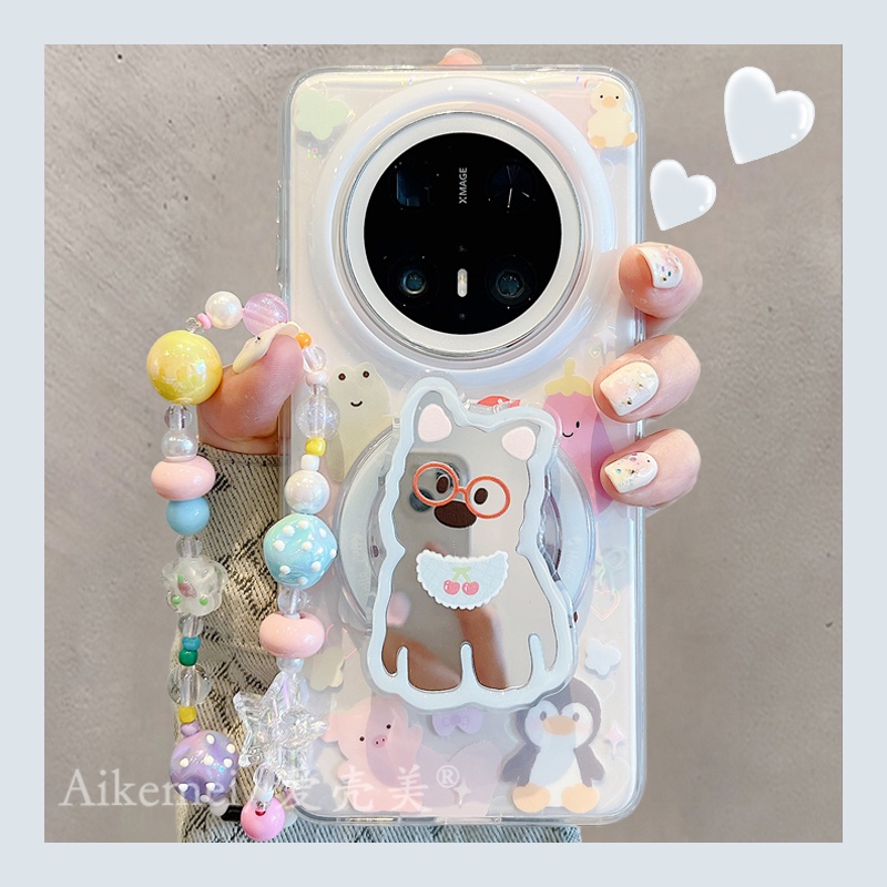 适用华为mate70pro+手机壳卡通西高地狗狗mate60pro+镜子磁吸支架