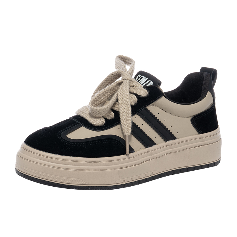 1060 黑色SEMIR春季新款女鞋超纤皮厚底圆头休闲鞋系带低帮板鞋女