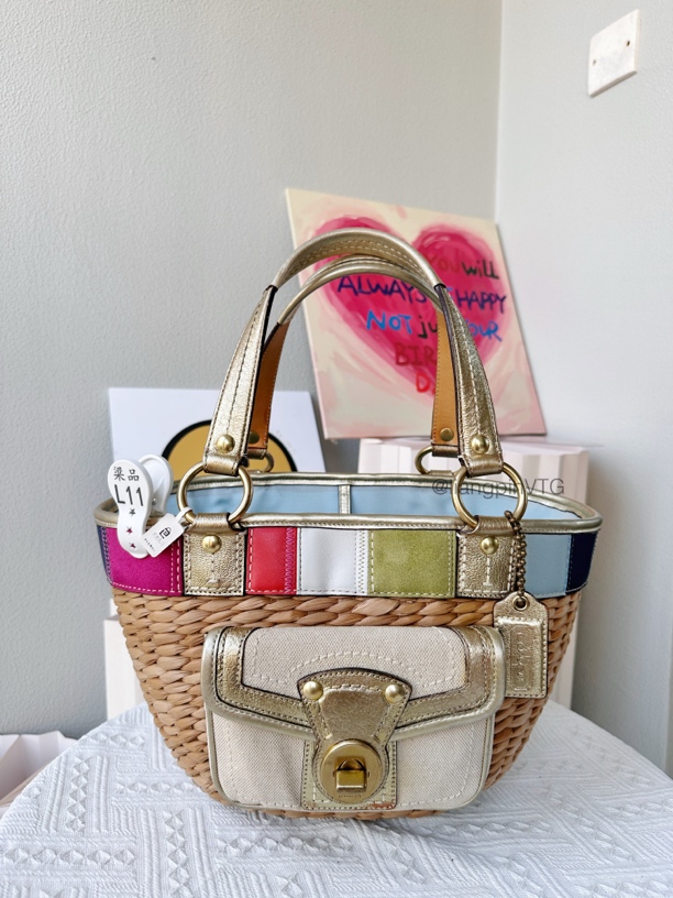 高稀拼色草编珐琅菜篮子手提单肩包野餐露营包度假风