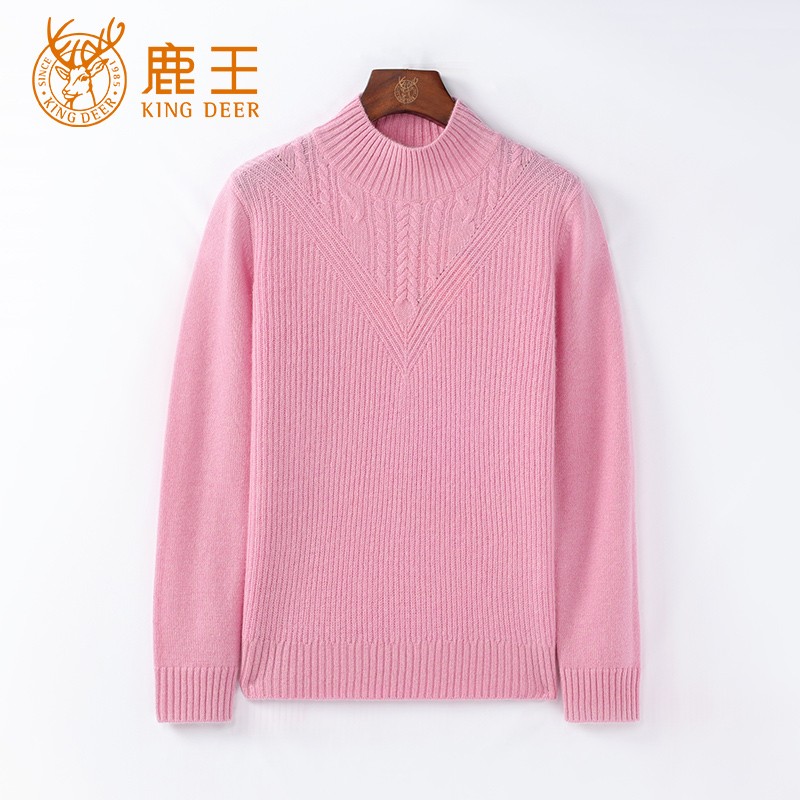 【商场同款】鹿王24新款女半高领100山羊绒绞花套衫 厚 912418404
