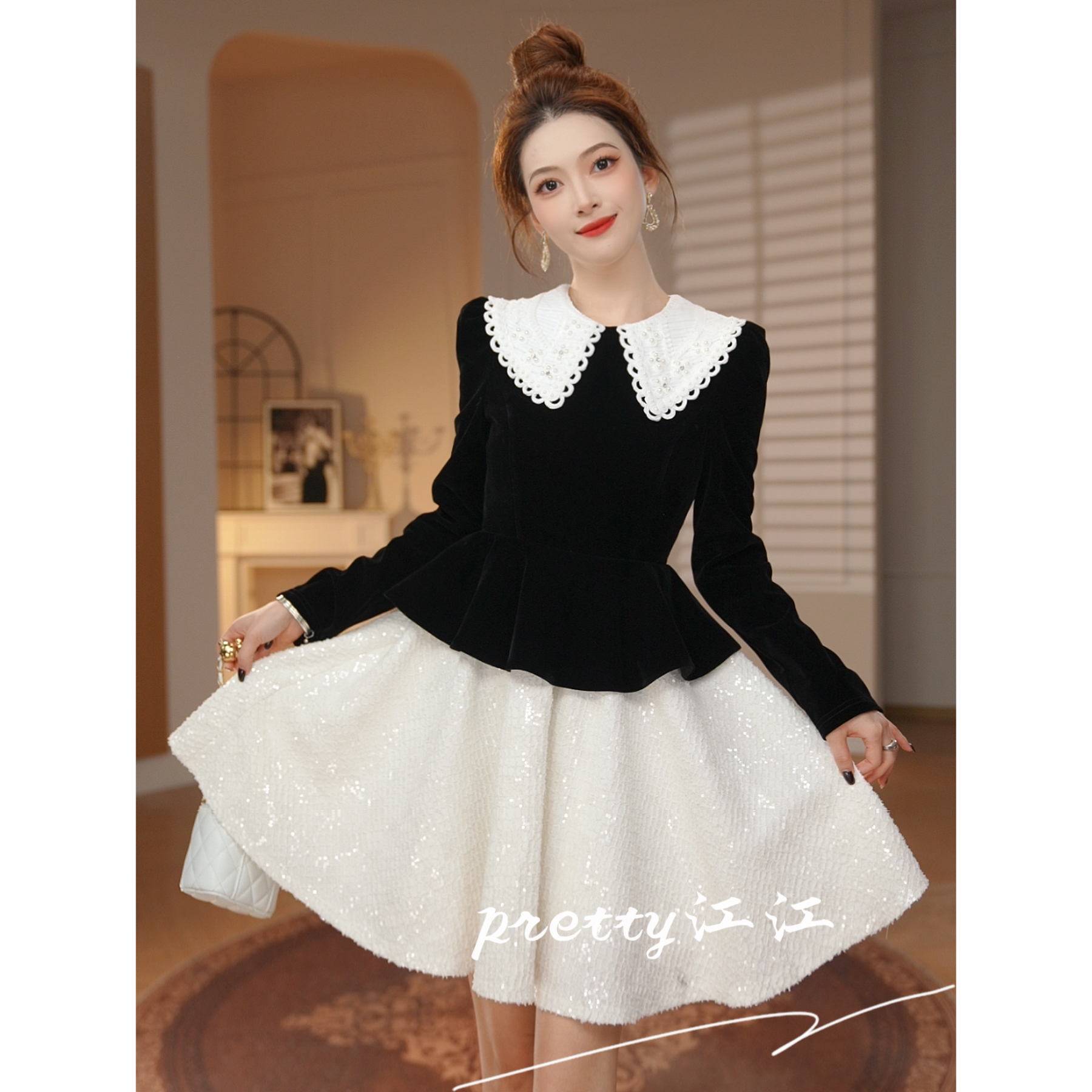 Pretty小众设计师品牌江江定制 时尚赫本风名媛设计感连衣裙41158