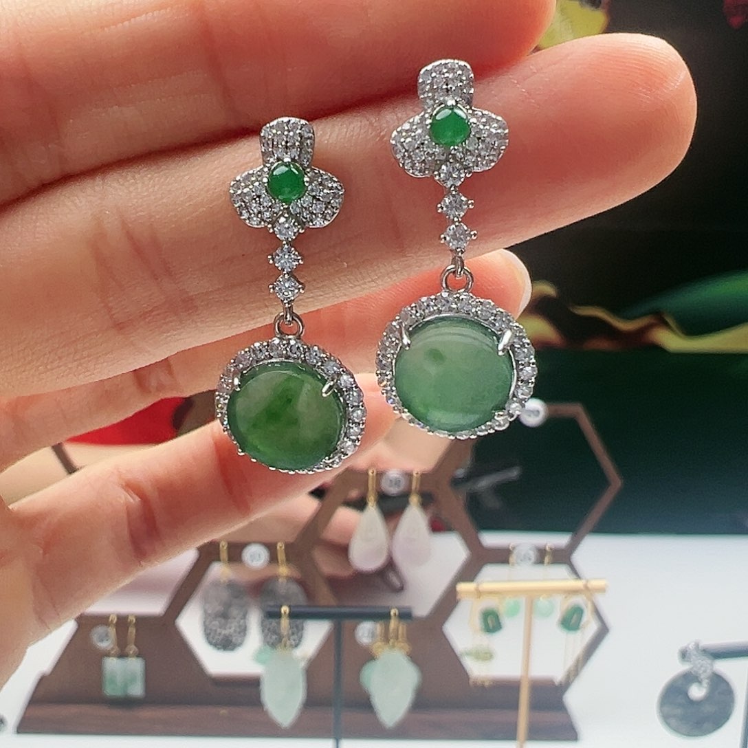 翡翠耳饰银S925镶嵌天然翡翠