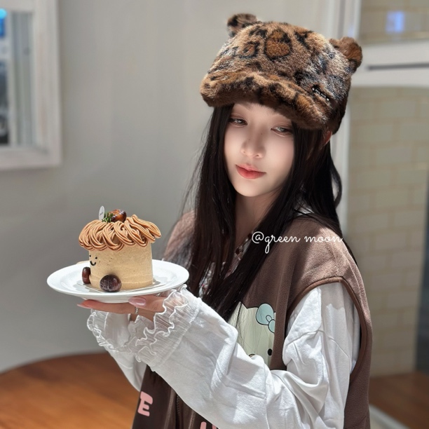 【猫耳帽】咖色毛绒豹纹秋季帽子森系田园风棒球帽可爱ins风猫耳