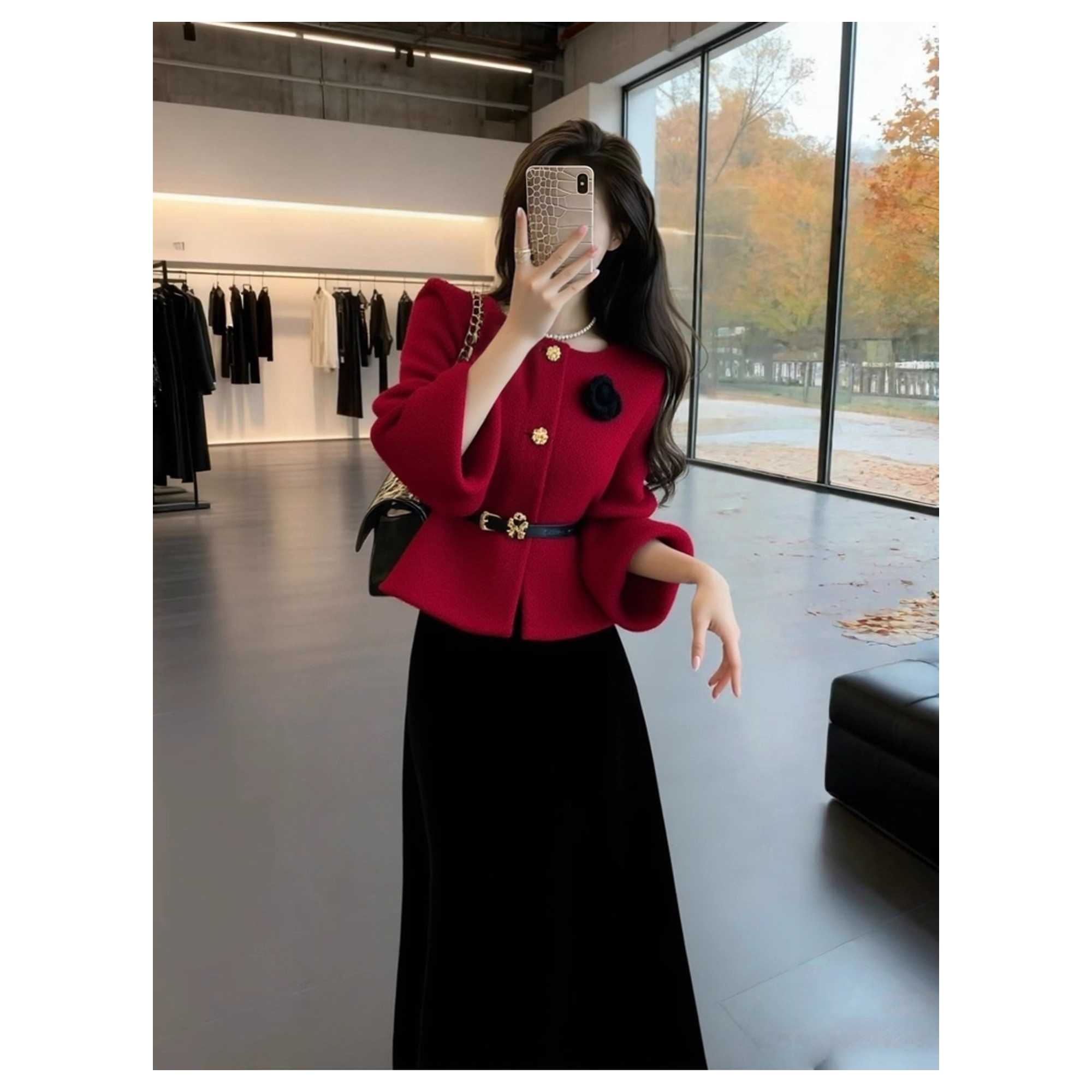 巨好看的穿搭一整套独特漂亮大方得体小香风过年红色外套套装裙冬