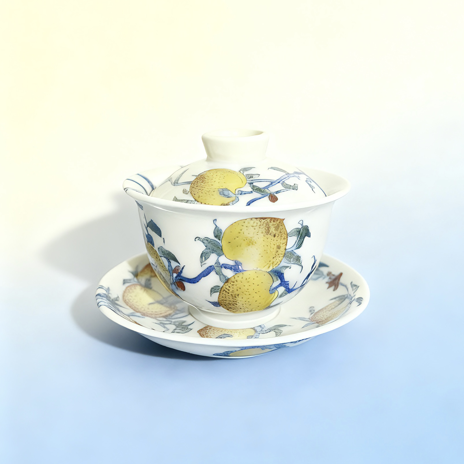 仿古寿桃纹盖碗三才碗 手绘粉彩陶瓷泡茶碗 中式功夫茶具敬茶碗