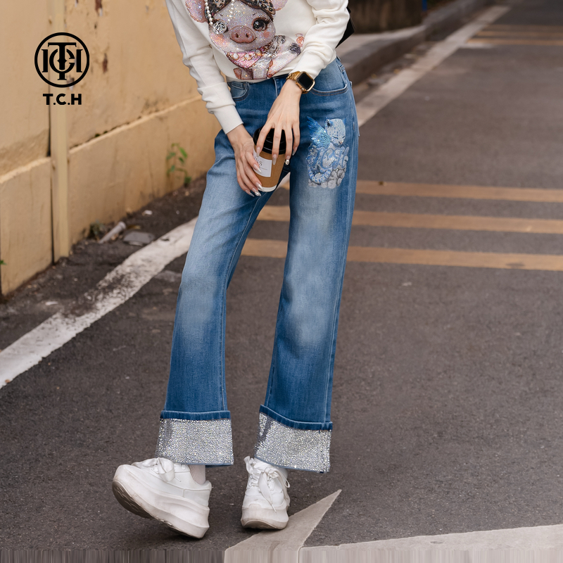 TCH私服秋季氛围感烫钻时尚淑女百搭牛仔裤T75C20E9006轻奢tch