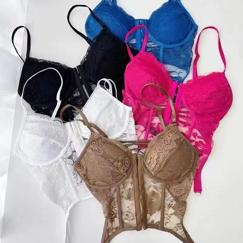 性感辣妹蕾丝内衣吊带背心纯欲风拼接鱼骨不规则短款上衣交叉美背