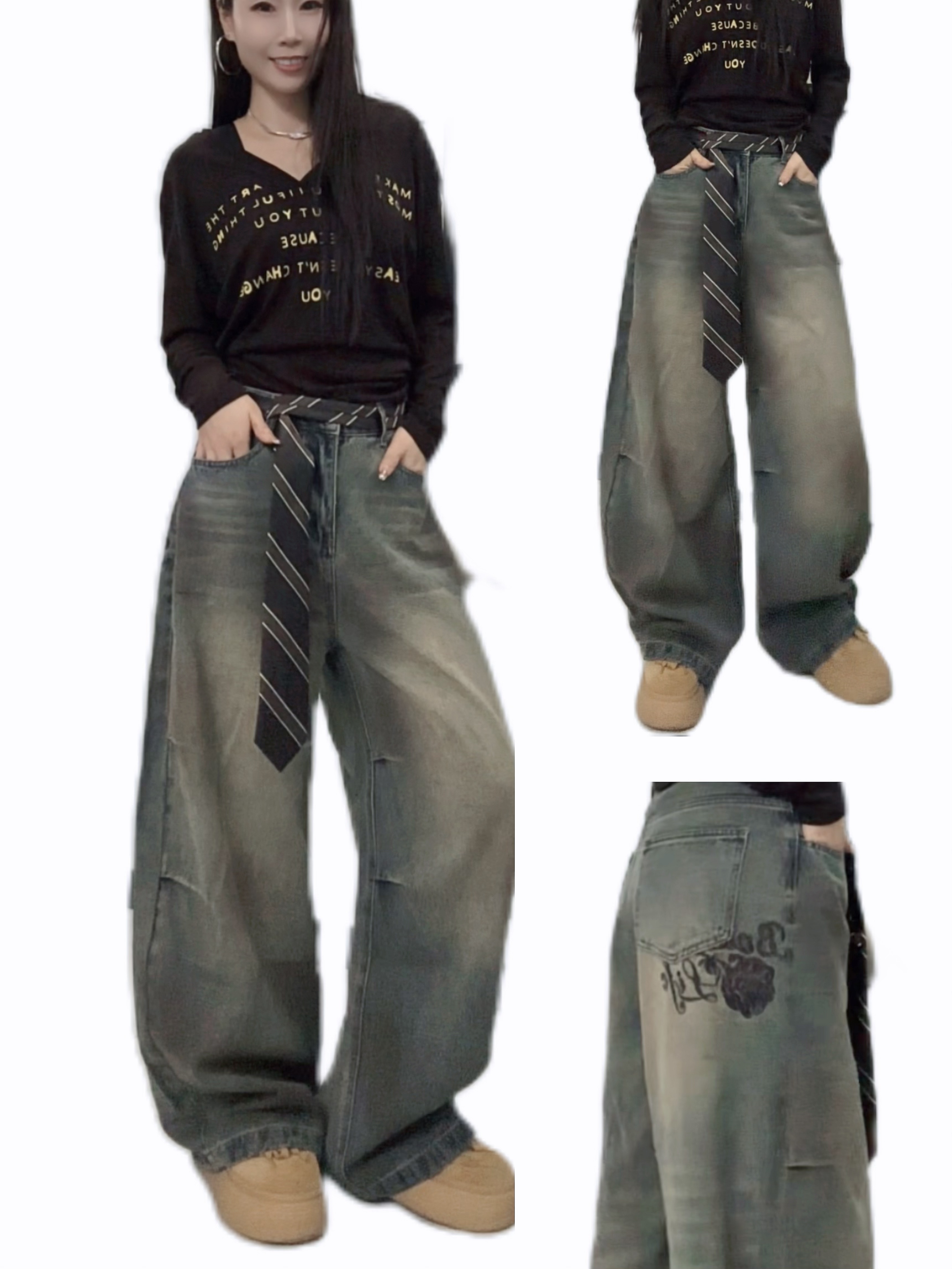 街舞潮牌复古辣妹牛仔街头设计感长裤-8080（Z）有腰绳