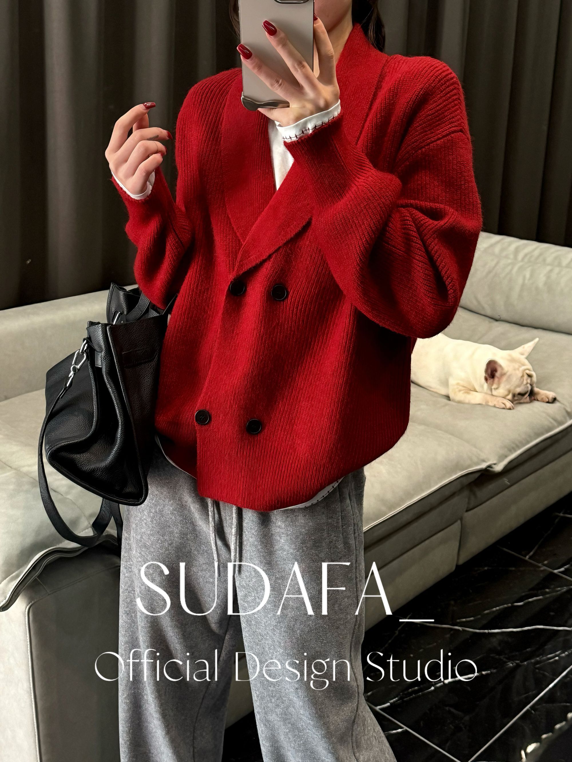 SUDAFA-【青果领开衫外套】秋冬翻领青果领双排扣针织毛衣MY25072