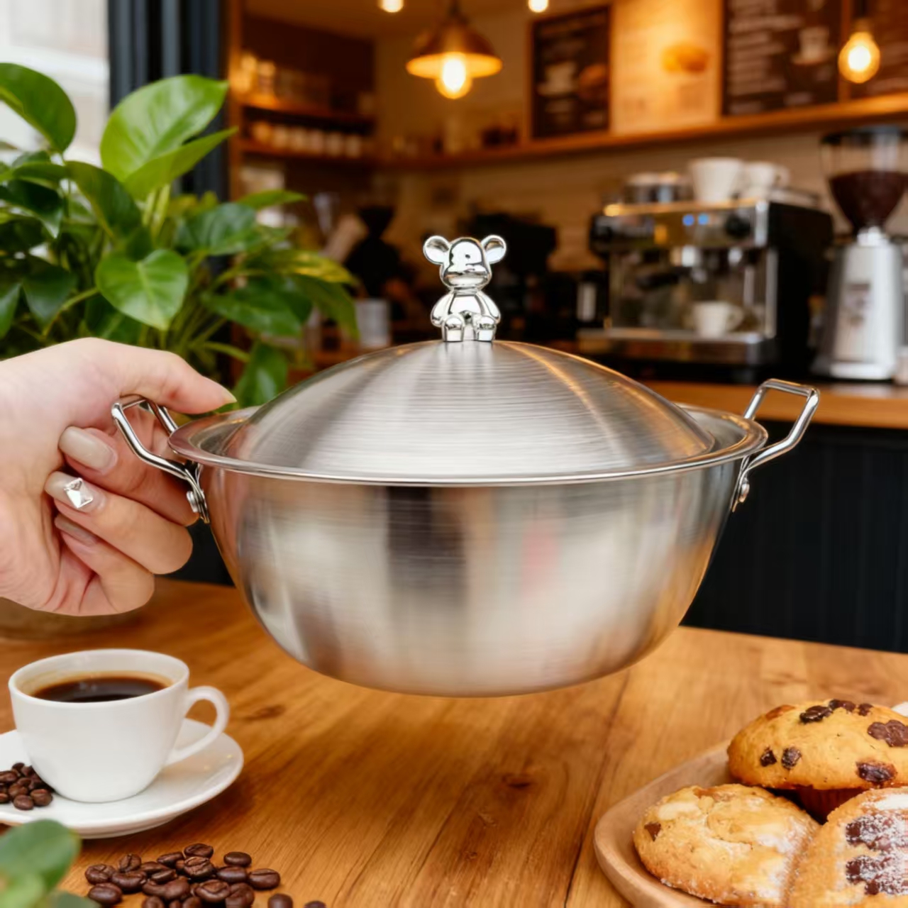  小熊锅不锈钢锅一人食超可爱小熊泡面碗双耳锅带盖单个装19CM