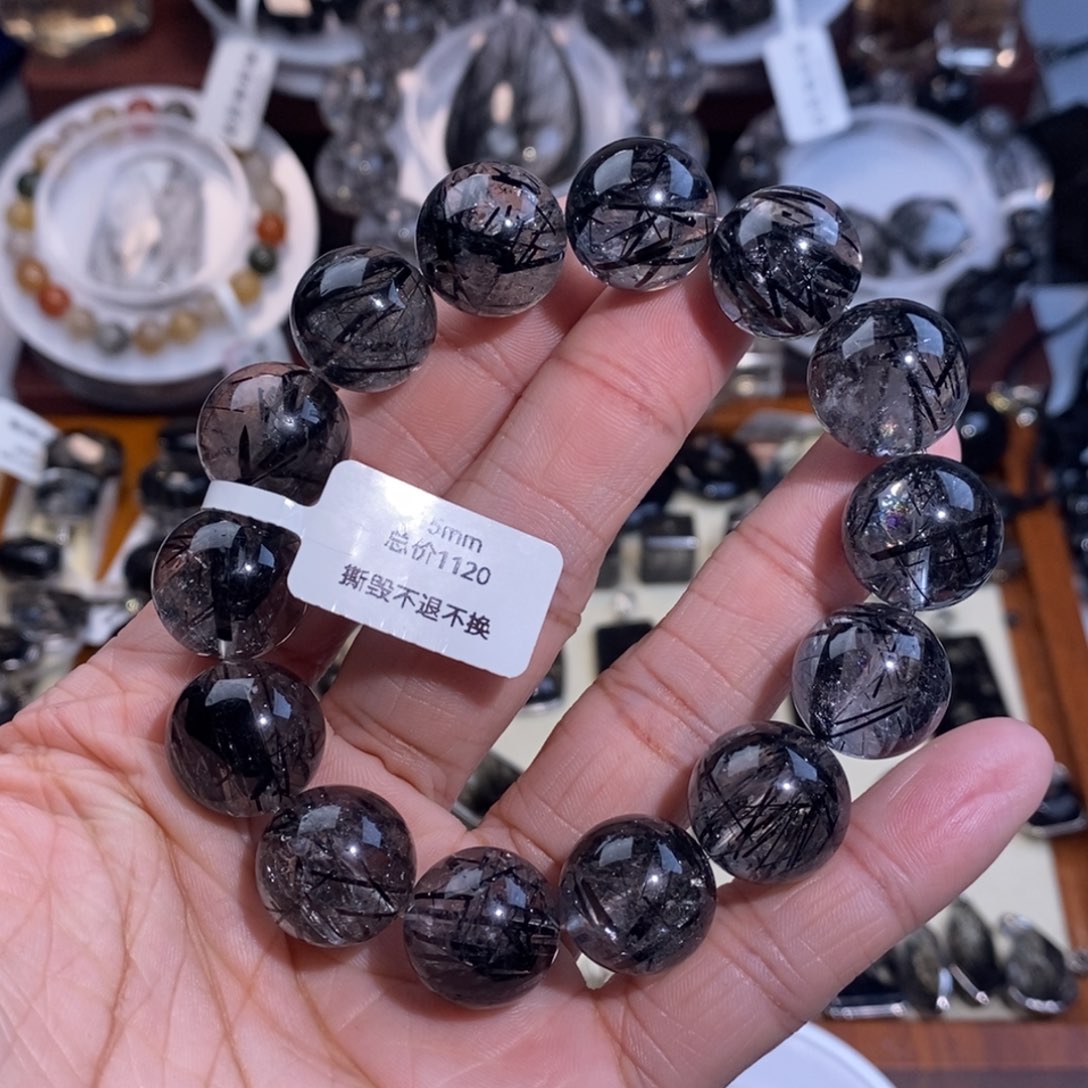 水晶未镶嵌手链黑发晶全透体满发蕾丝15mm