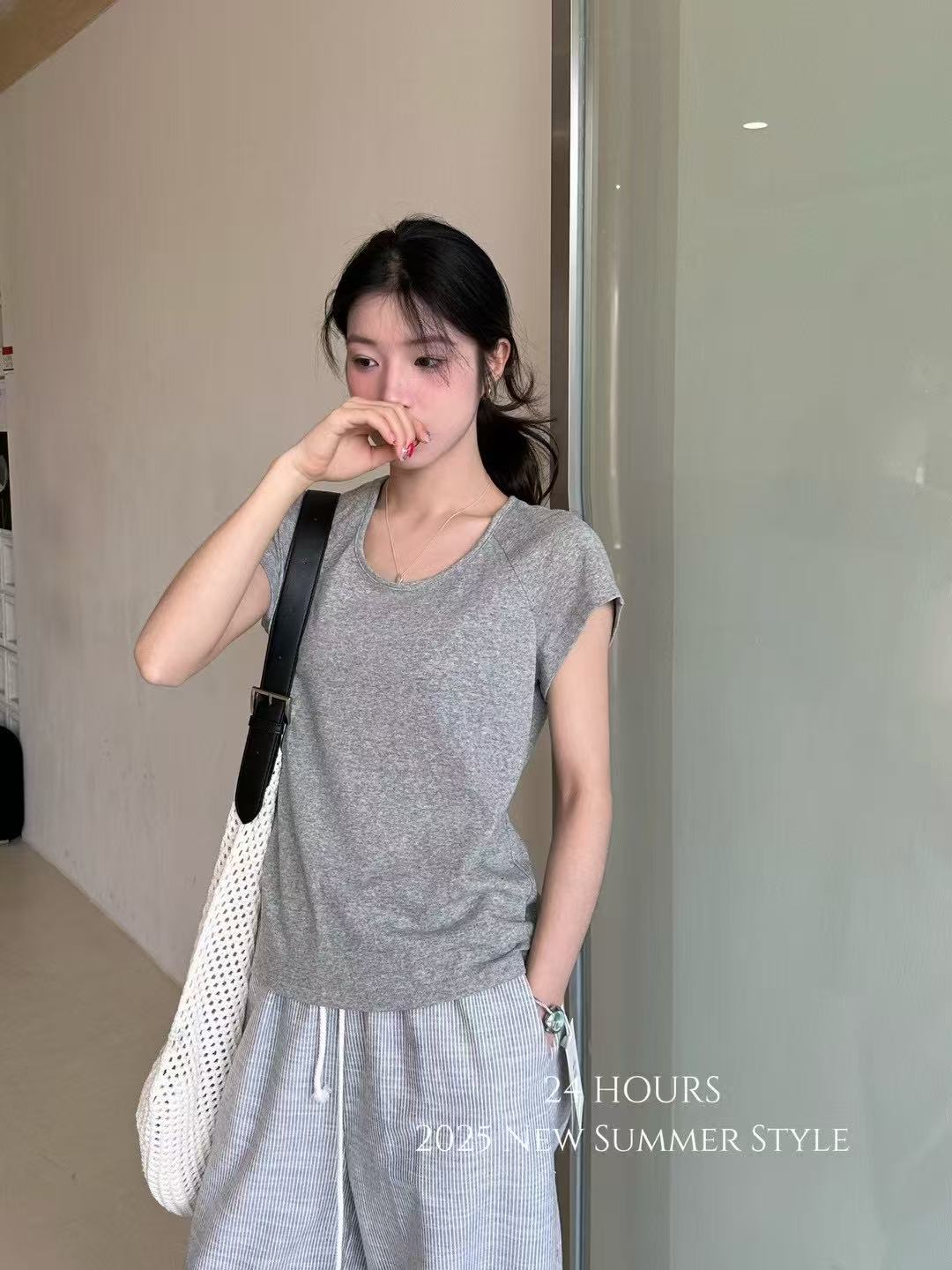 8275号#25093#简约百搭插肩袖圆领短袖上衣T（预）