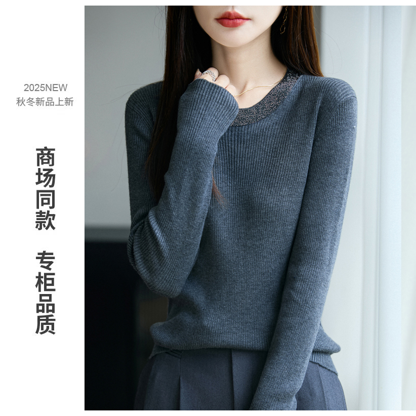 秋冬新款羊毛圆领拼钻长袖针织衫时尚百搭宽松显瘦洋气外穿打底衫