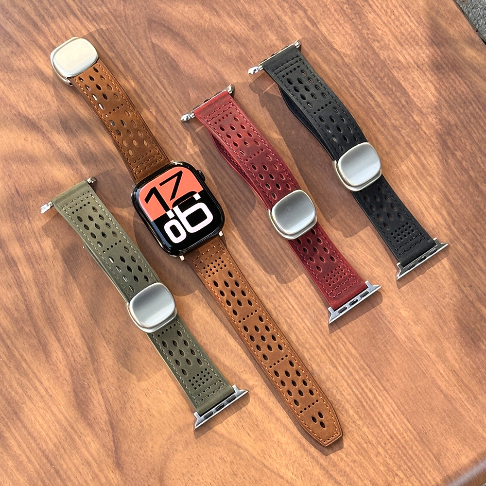 适用苹果手表表带iwatchs11/10磁吸ultra高级感牛皮s9透气8秋冬男