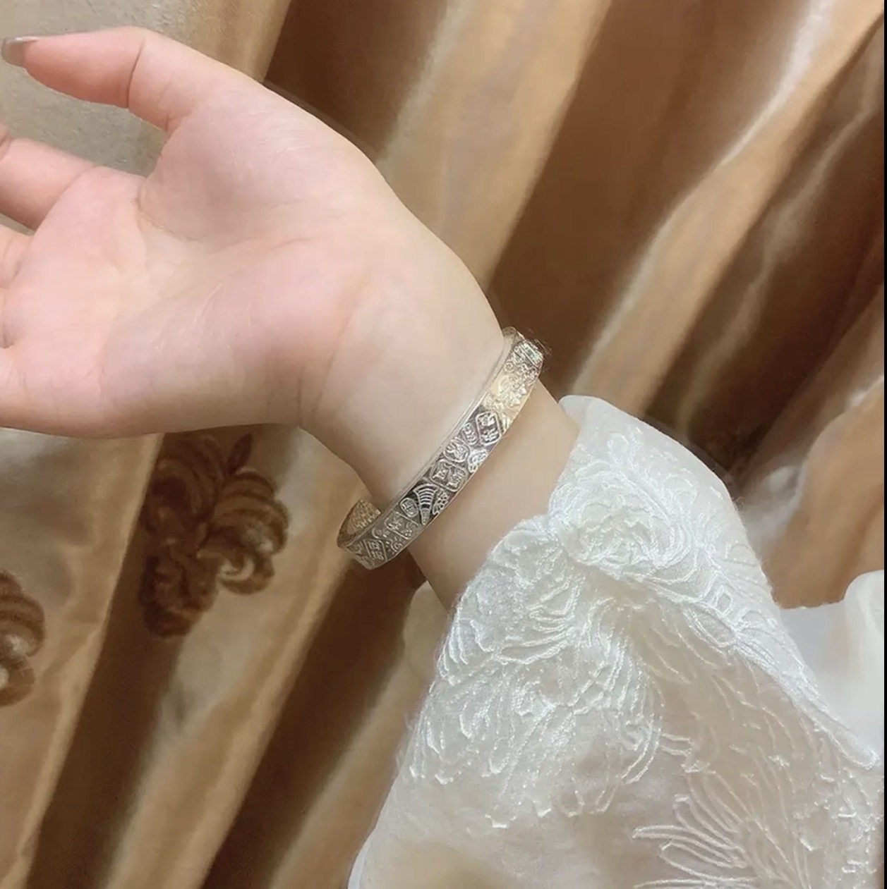 999银三面吉言开口手镯锤纹手工招财纳福送妈妈送女友-1