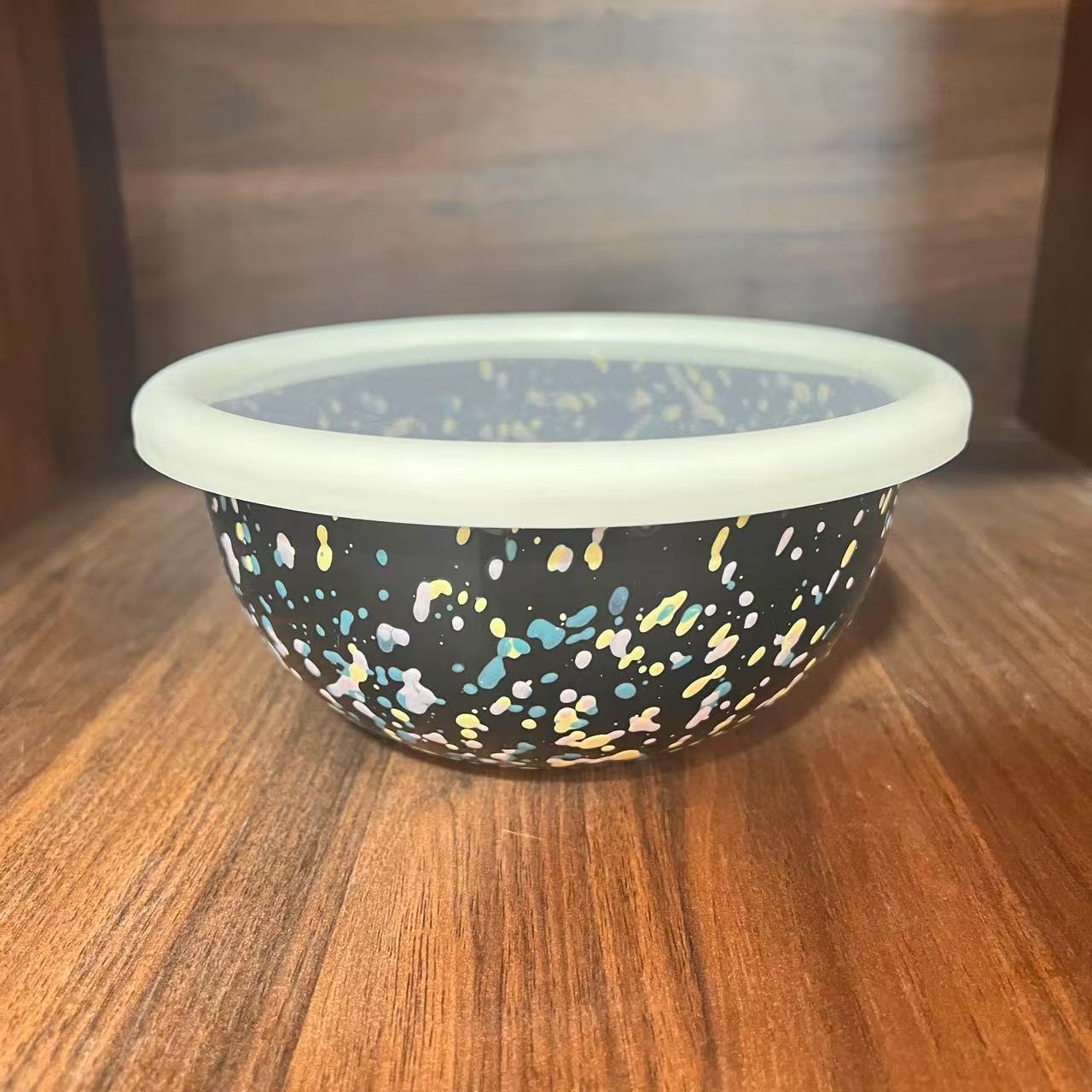  限定款！18CM黑色星空 内外泼墨 沙拉碗带白色TPE盖子