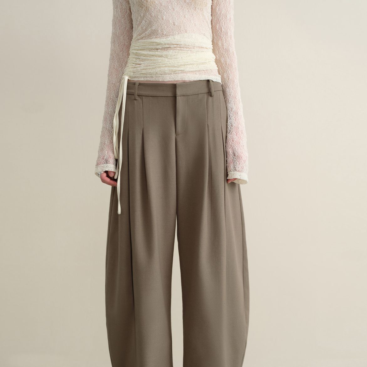 someone sometimes重磅羊毛天丝混纺活页双褶弯刀廓形斜纹西裤女