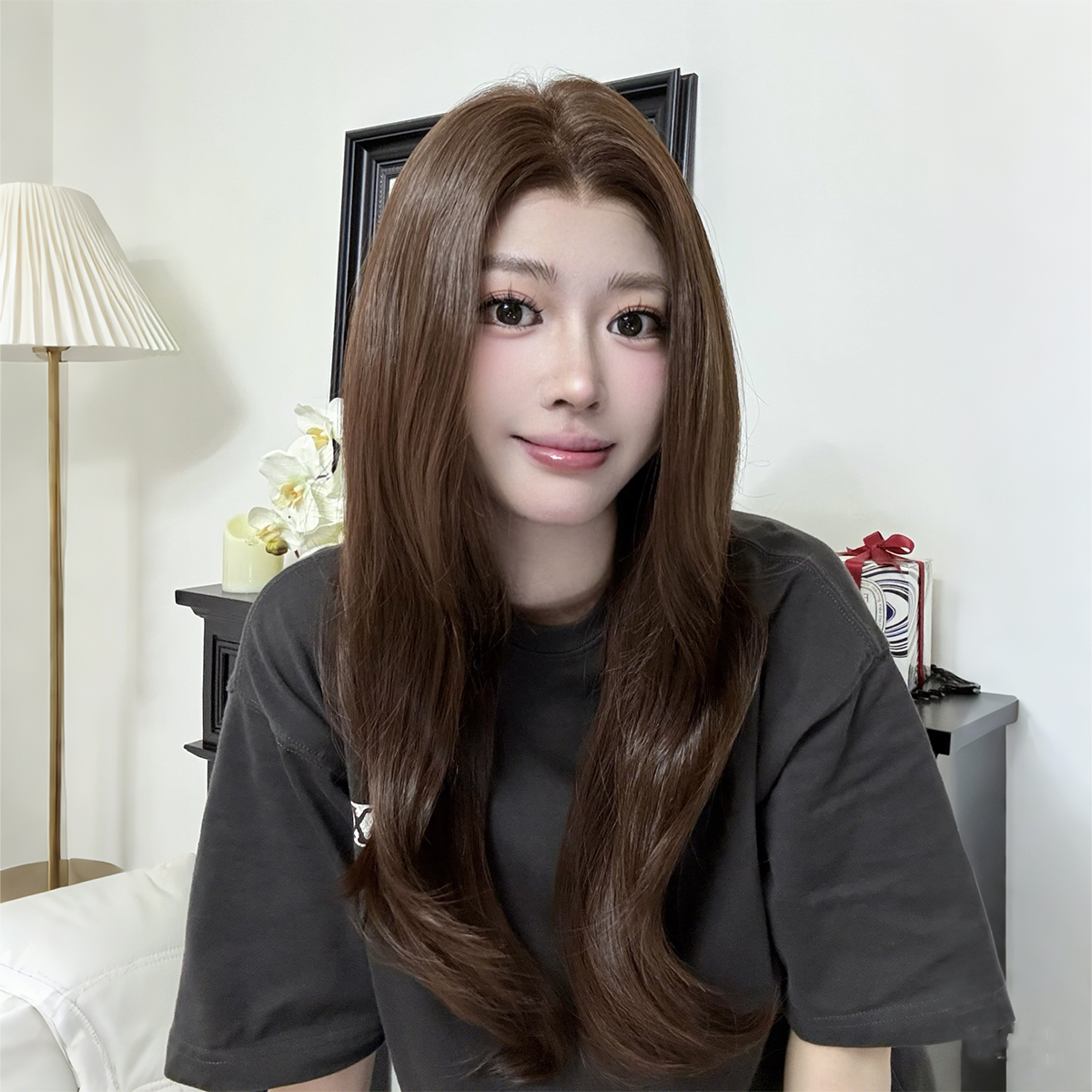 zz彤彤专属《冬日暖茶》黑茶色高层次大蕾丝进口丝假发女