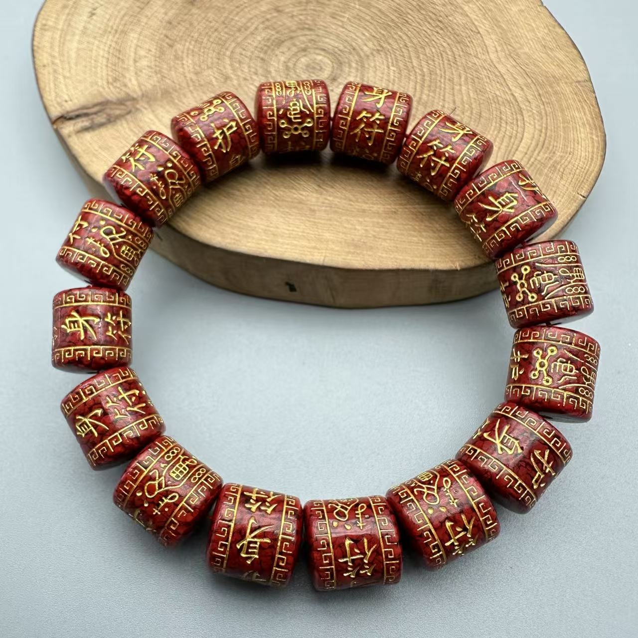 含辰砂工艺品JT108-晶体砂雕刻护身符桶珠单圈手串