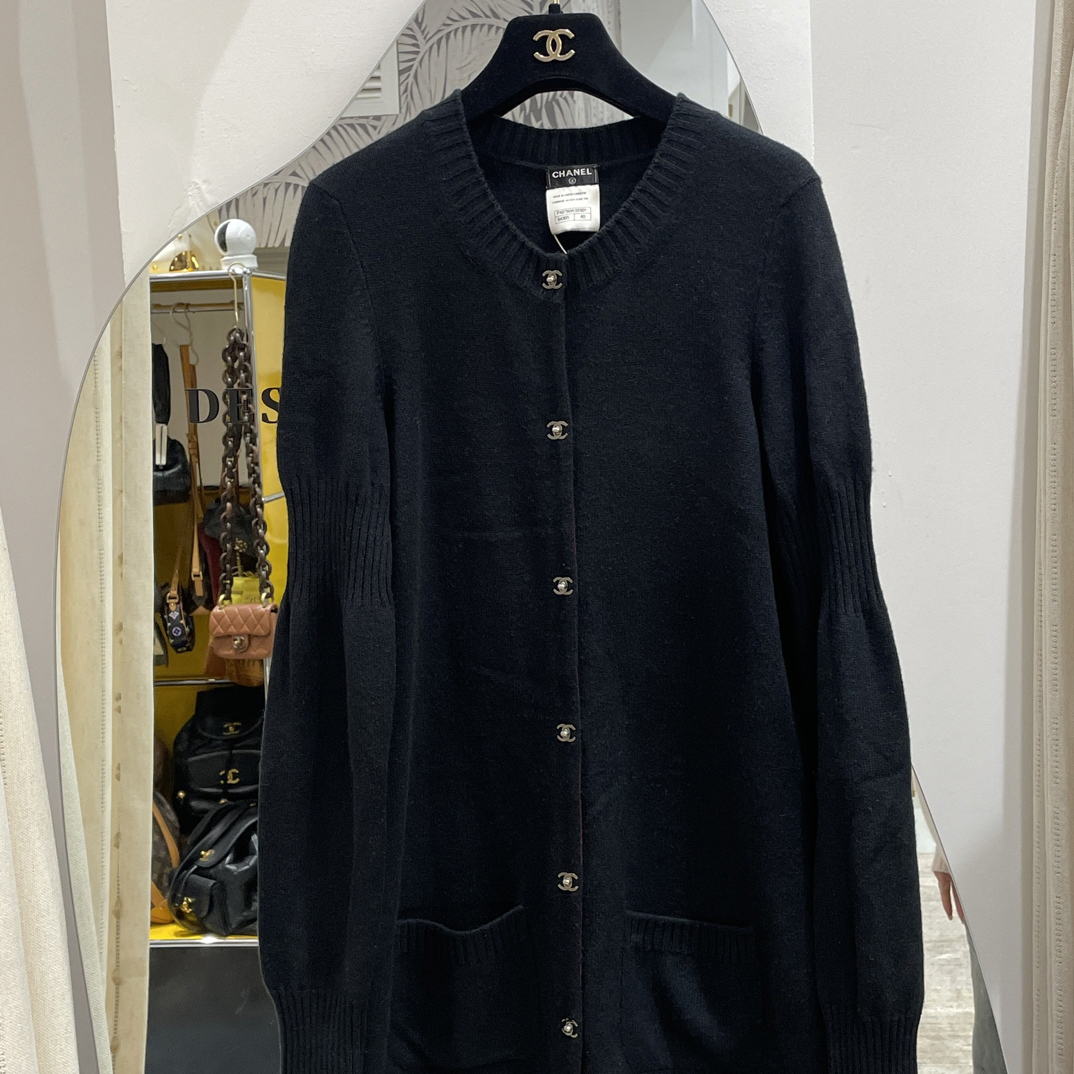 95新 Chanel/香奈儿 黑银书包扣针织两口袋外套40码 