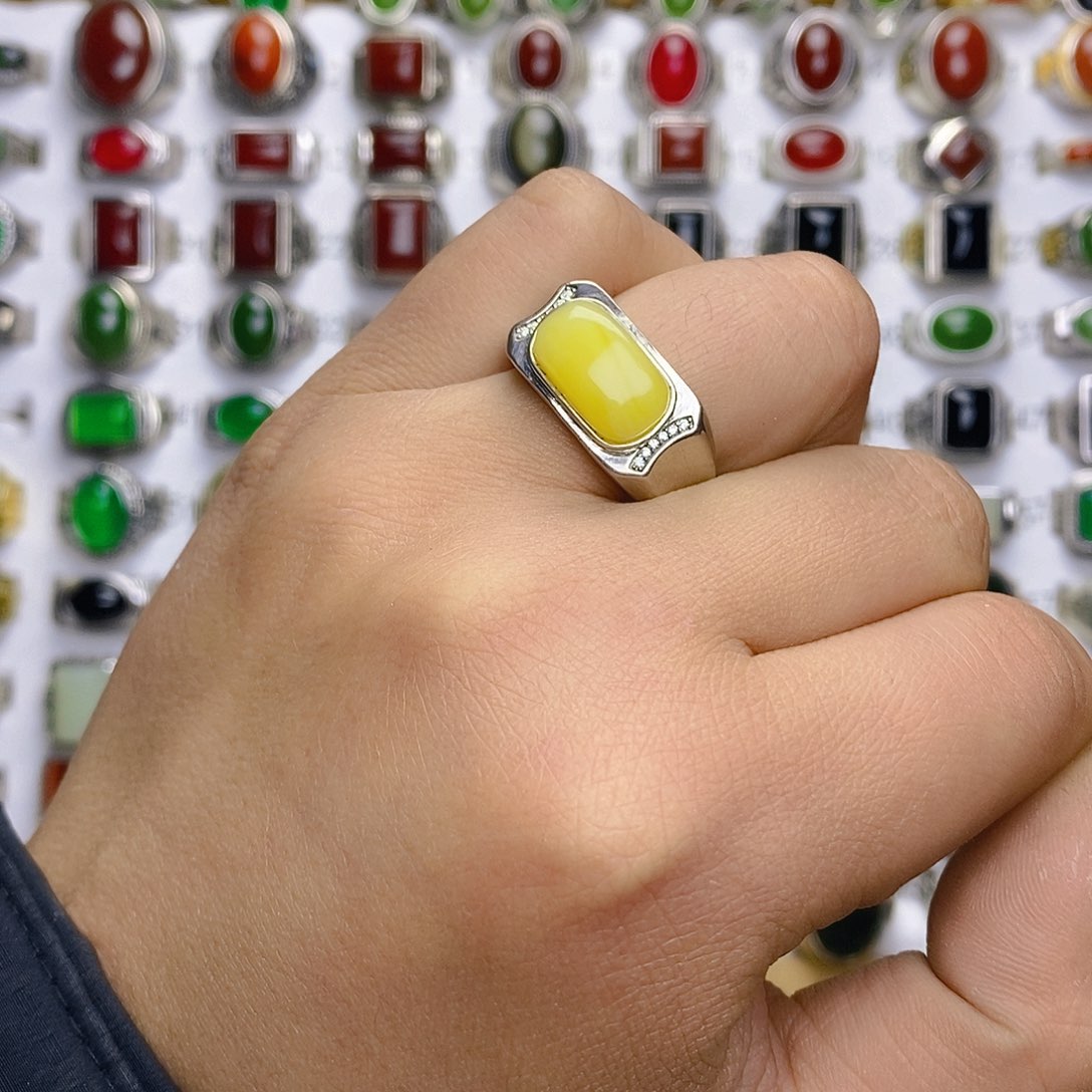 琥珀戒指银S925镶嵌俗*