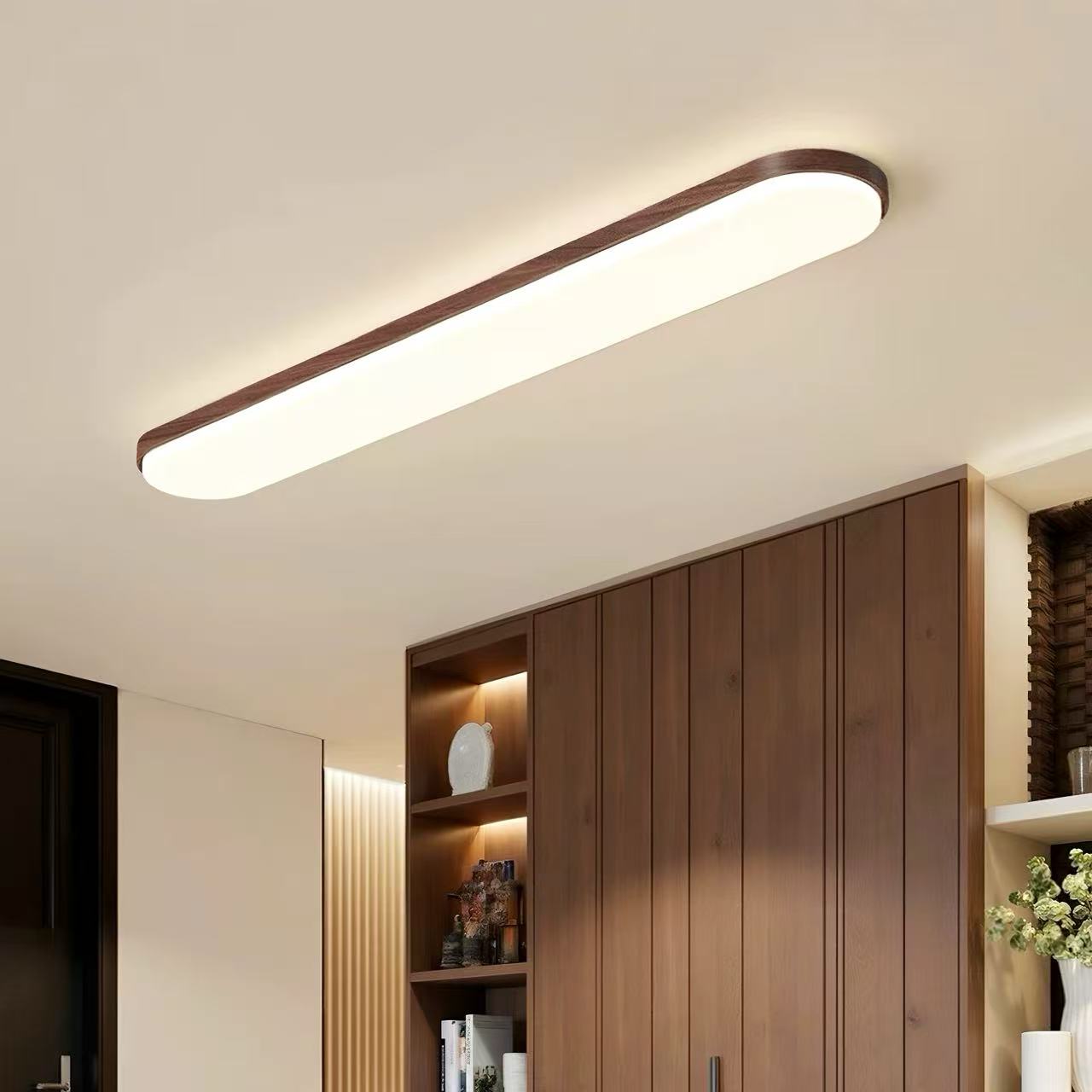 过道吸顶灯中古风胡桃木色led护眼走廊入户玄关阳台一字长条灯具