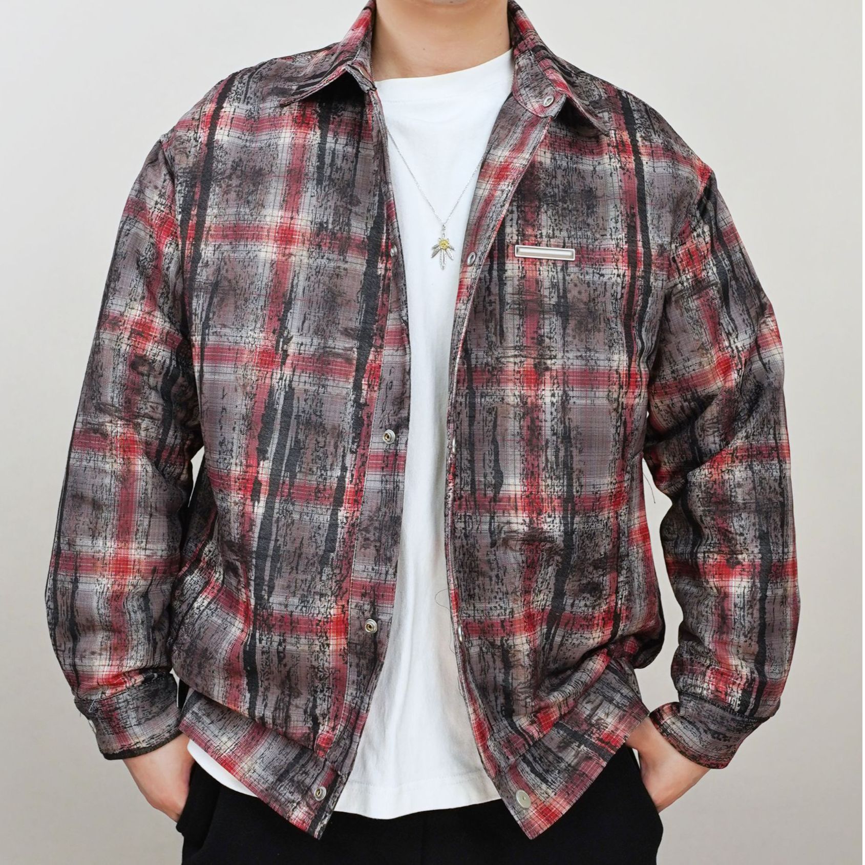 2025春季牛仔拼色格纹防风美式夹克外套#2515