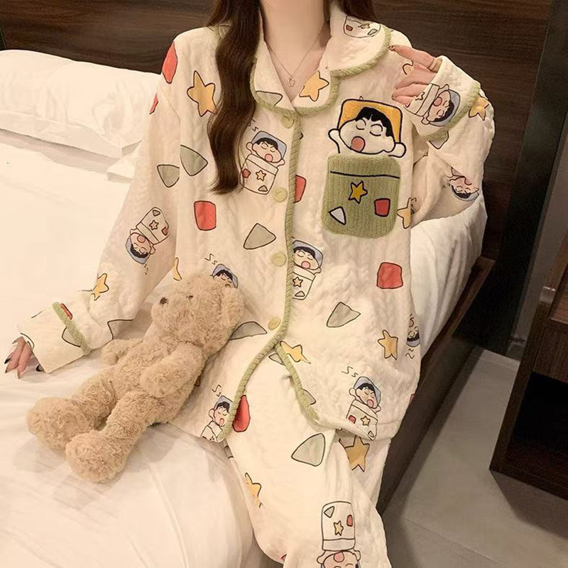 2025新款卡通小新空气棉长袖套装保暖加厚家居服外穿甜美吸汗