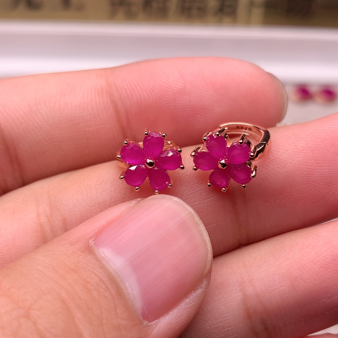 红宝石耳饰银S925镶嵌