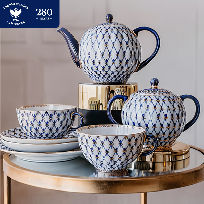 【精选】俄皇LOMONOSOV钴蓝网纹系列咖啡杯碟下午茶茶具套装