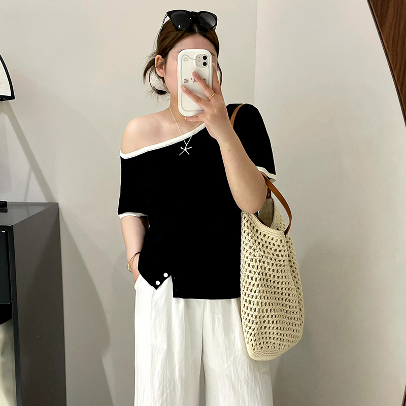 【涵胖胖】清*感不规则露肩上衣女针织衫2025夏款胖mm短袖t恤23018