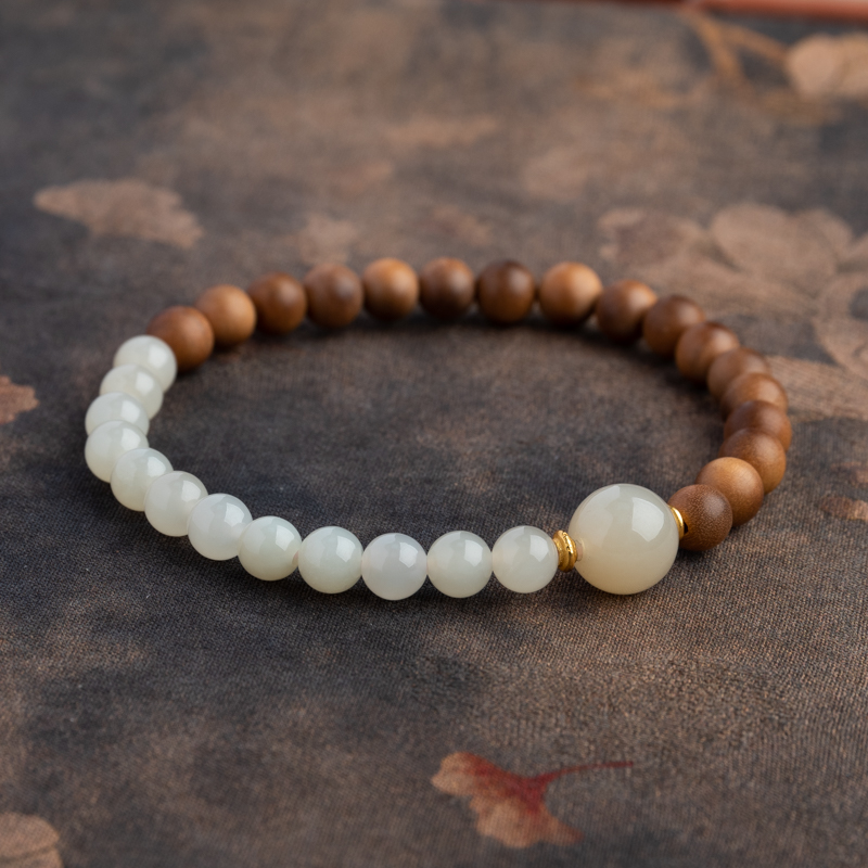 印度迈索尔老山檀香6mm和田玉单圈手串