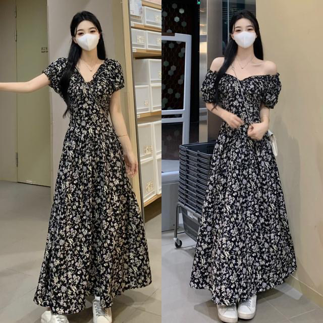 大码夏季长款新款碎花V领收腰女装连衣裙长裙两西装公主套装女MM