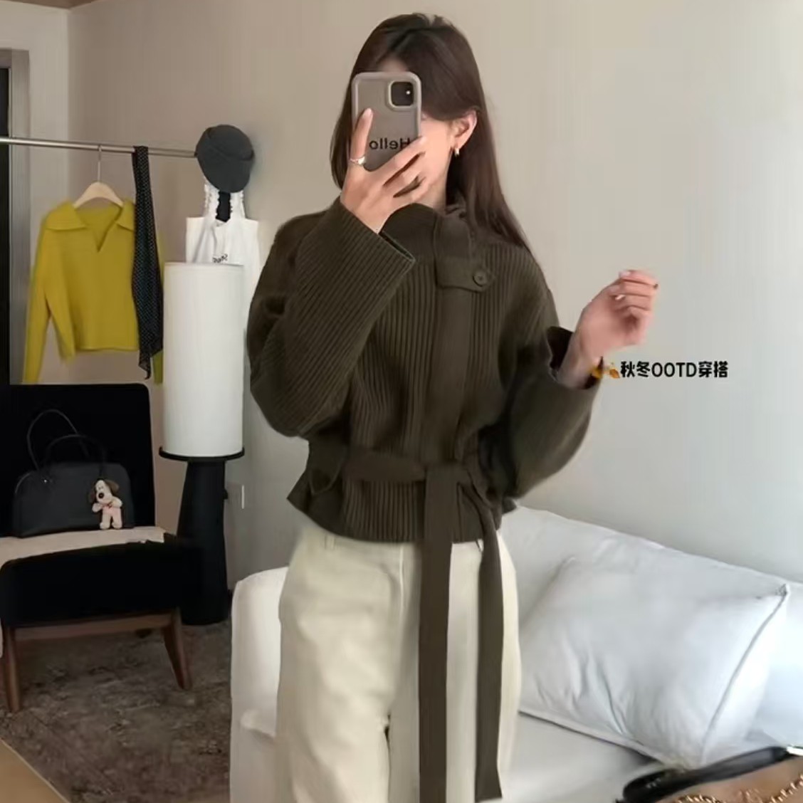 韩系立领系带设计感毛衣