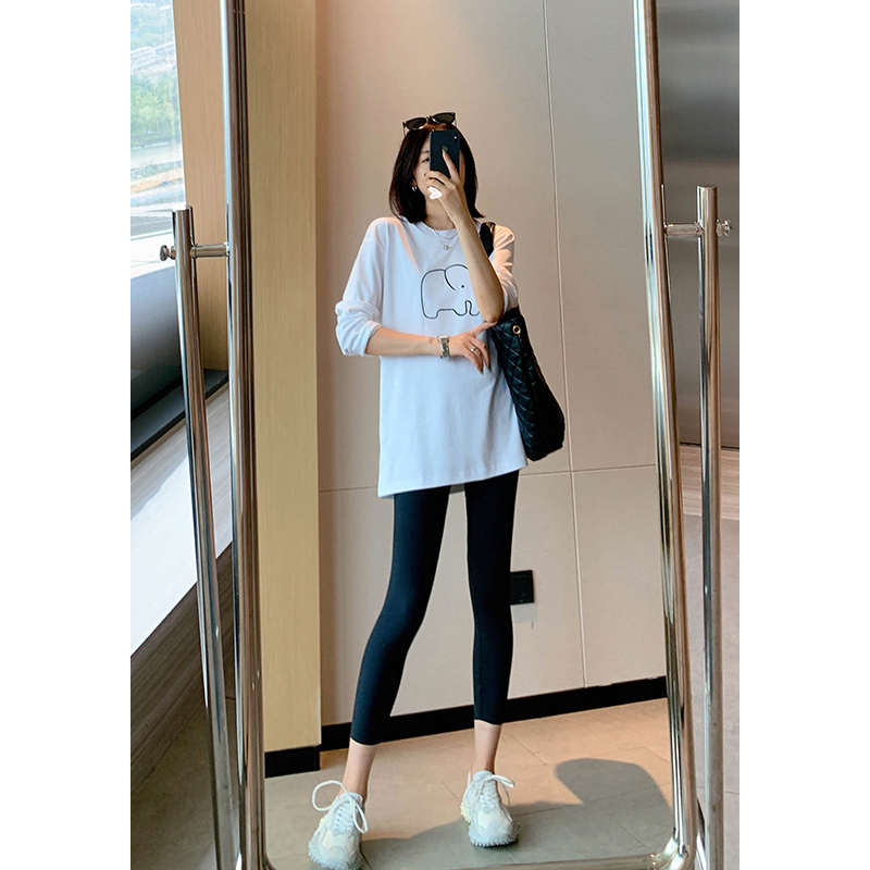 MYL 纯棉刺绣大象T恤2023新品圆领长袖宽松直筒绣花上衣女