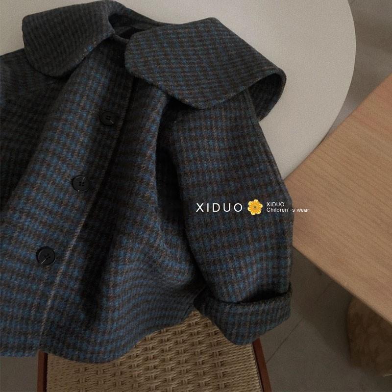 女童格子外套春秋装韩国童装羊毛呢子儿童翻领休闲短款海军领大衣