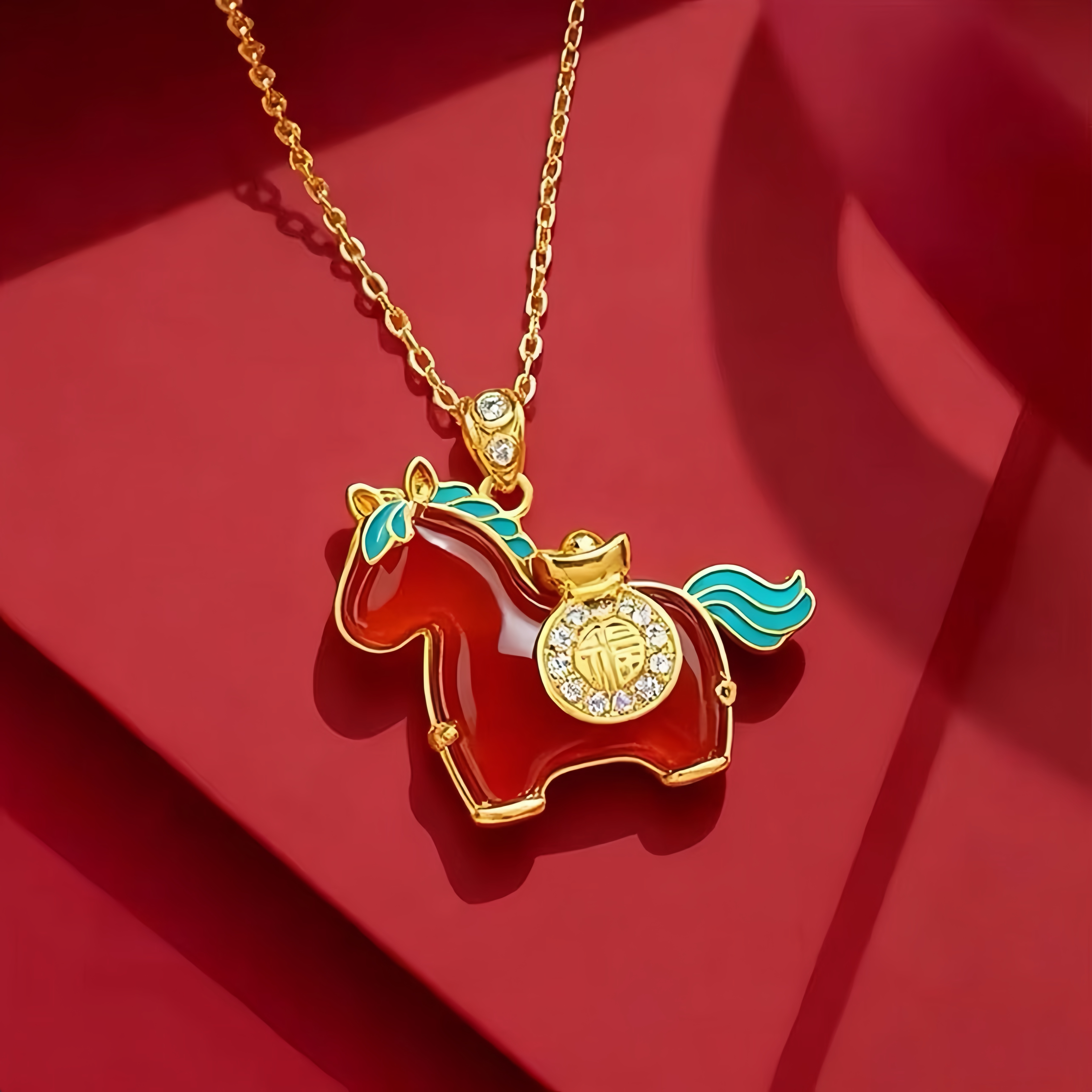 铜吊坠 本命年【马上有钱】喜庆红马福运项链小众设计萌趣造型