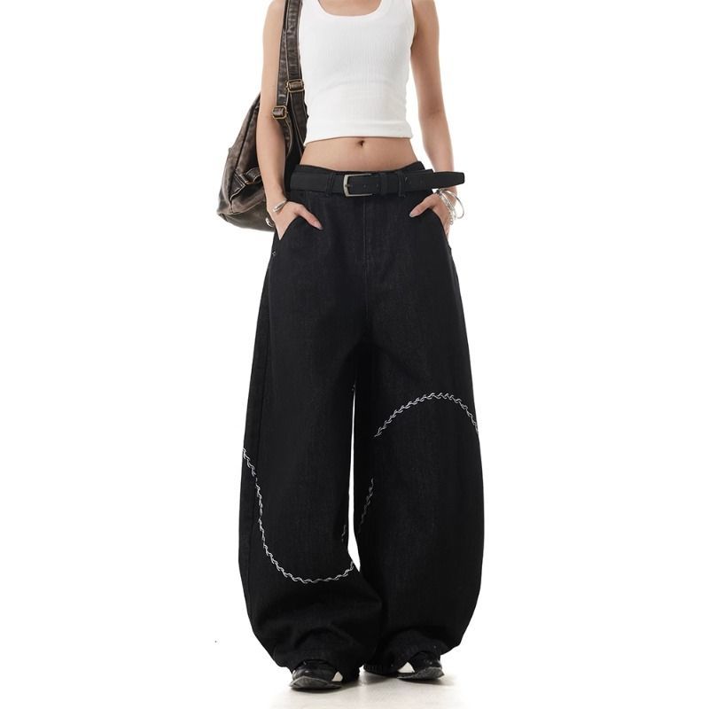 美式小众弧线刺绣设计感弯刀牛仔裤复古个性高级感宽松阔腿长裤