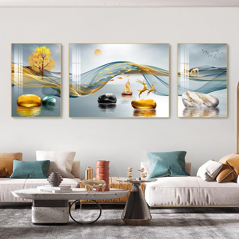 客厅装饰画现代轻奢沙发背景墙挂画新款晶瓷镶钻画高档大气三联画