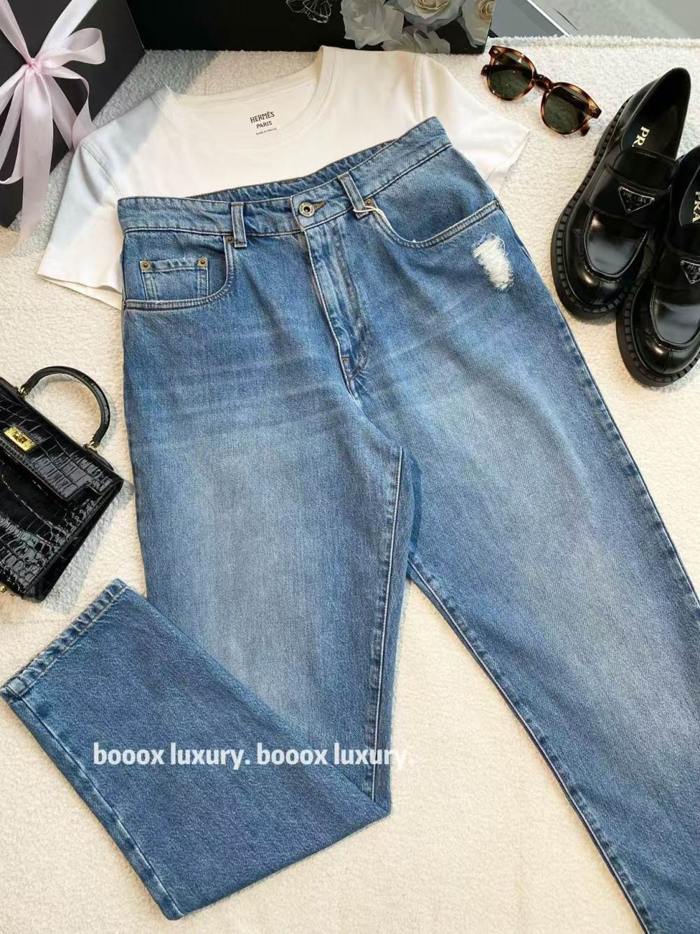 99新 MIU MIU/缪缪 cc1189 棉 印花logo牛仔裤 27码 