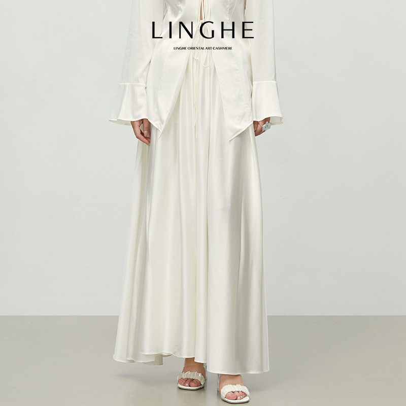 翎禾LINGHE-「念彩云」高腰气质设计师纯色重磅19姆米真丝大摆半裙