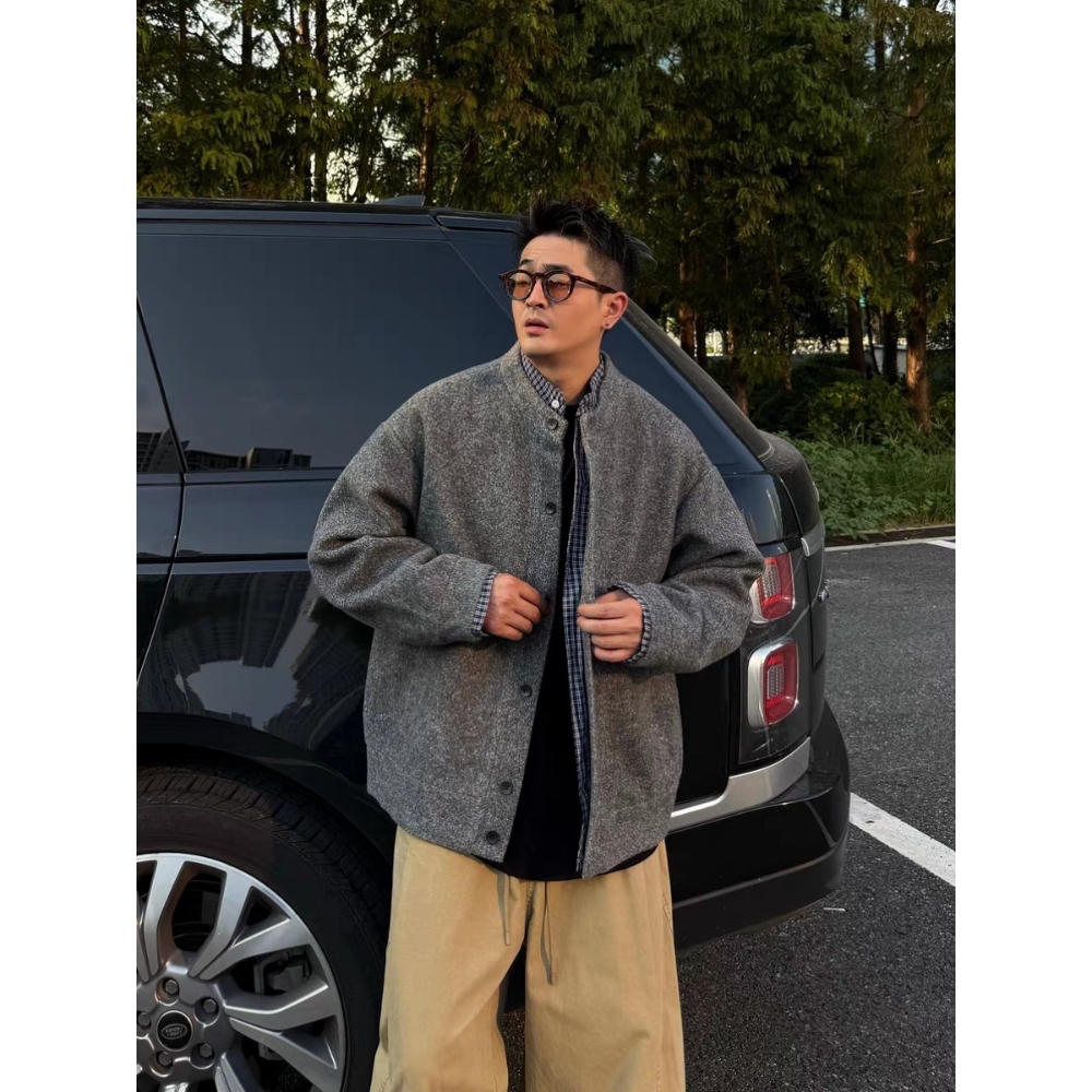 秋冬季重磅假两件格子针织衫外套男复古拼接休闲开衫毛衣痞帅上衣